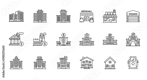Various architectural building structures icons.
