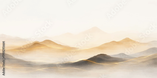 A breathtaking mountain landscape blanketed in misty fog and clouds at sunset captures the serene nature of a snow capped valley and forest under a golden horizon dawn