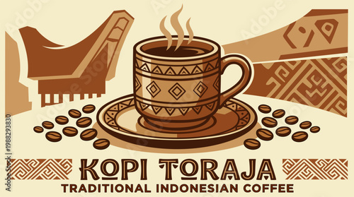 Traditional Indonesian Toraja Coffee Vector Illustration with Tongkonan House Silhouette and Tribal Pattern Cup