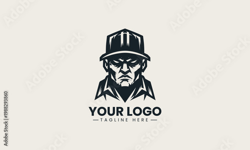 Angry man face with cap represents strong character attitude and bold identity concept in clean minimalist black vector illustration on white background