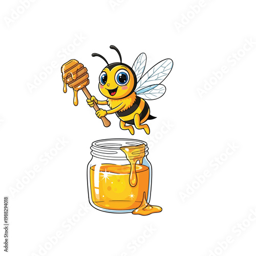 Cute 3d cartoon honey bee with a funny smile and yellow wings flying near a honeycomb and nature flower isolated vector illustration