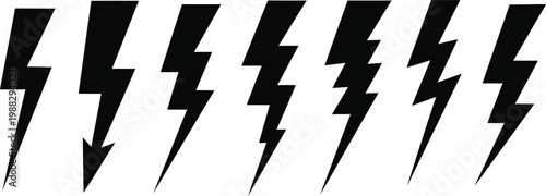 A collection of seven black lightning bolt icons arranged vertically symbolizing power and energy