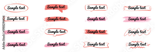 Hand drawn text boxes with pink and coral accents and sample text.