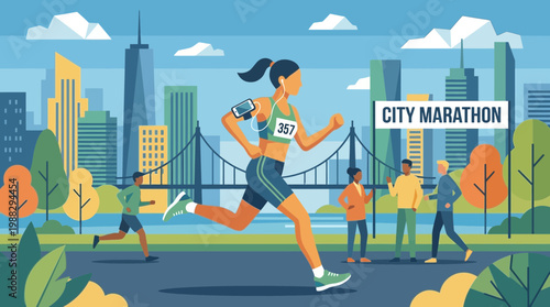 City Marathon Runners Illustrated In Flat Vector Style With Skyscrapers Backdrop
