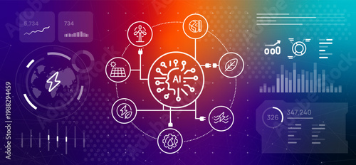 artificial intelligence and sustainable energy concept AI powered with renewable power sources like solar wind and hydro on futuristic dashboard background for green technology and smart grid
