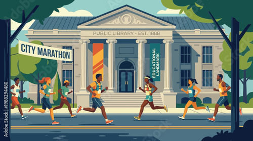 City Marathon Runners Passing The Iconic Public Library, Celebrating Community Achievement