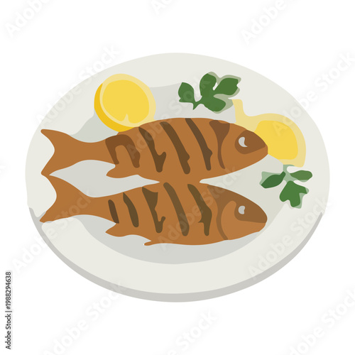 Two Grilled Fish with Lemon and Parsley Illustration
