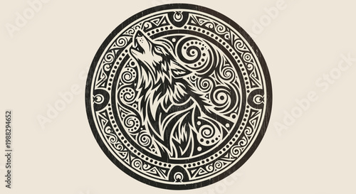 Photos Howling Wolf Emblem with Celtic Knotwork - Black and White Tribal Art