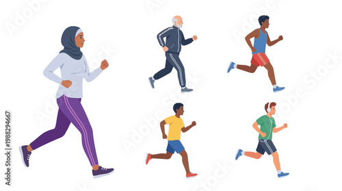 Diverse Running Group Depicted in Vibrant Illustration Representing Fitness and Healthy Lifestyle