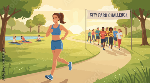 Energetic City Park Challenge: Active People Sprinting on a Sunny Nature Trail
