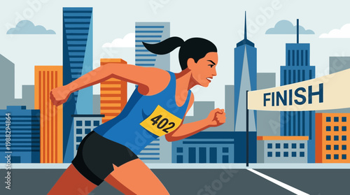 Energetic Female Runner Charging Towards The Finish Line In a Modern Cityscape Vector