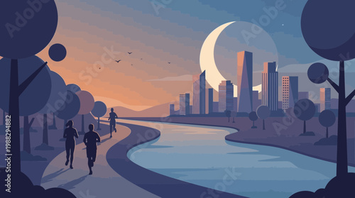 Evening City Park Runners Illustration With Moon And Modern Buildings Against The Sunset
