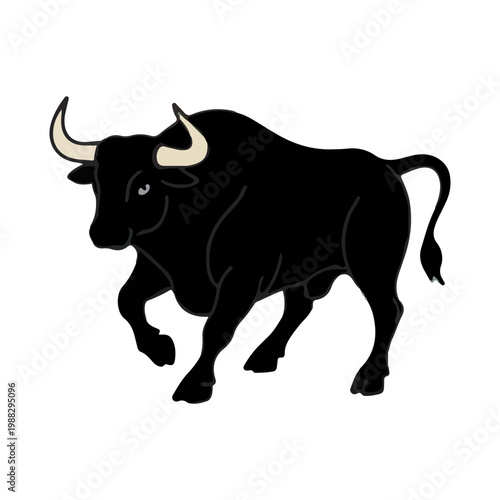 Powerful Black Bull Illustration with Sharp Horns