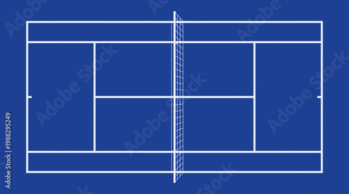 Minimalistic Blueprint View of a Tennis Court and Net on a Solid Blue Background