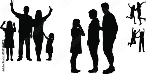 Black silhouette set of happy family members and children celebrating together with peace signs and jumping in joy for community and lifestyle commercial design projects.