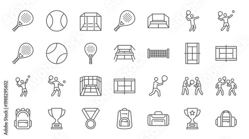 Minimalistic Icons Representing Paddleball, Sport, Accessories, And Sports Equipment in a Line