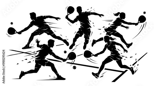 Dynamic Padel Tennis Players in Action, Silhouettes Capturing Sporting Energy and Movement