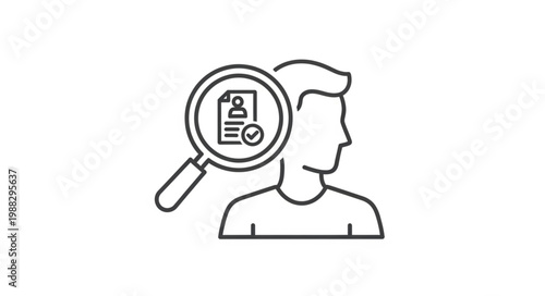 Magnifying glass over resume document icon representing job search.