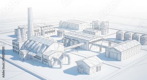 Industrial factory complex with smokestack and various buildings.