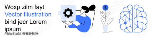 Artificial intelligence, innovation, technology integration, human-machine interaction, business growth, digital economy. Minimalist design showing a person working with gears and technology. AI
