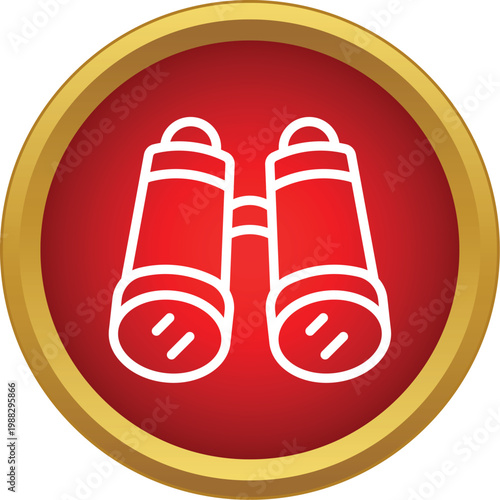 Binoculars icon on a red and gold button symbolizing finding direction and discovery