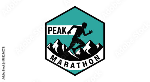 Peak Marathon Logo Featuring a Silhouette Runner Crossing Mountain Peaks in Turquoise Hexagon