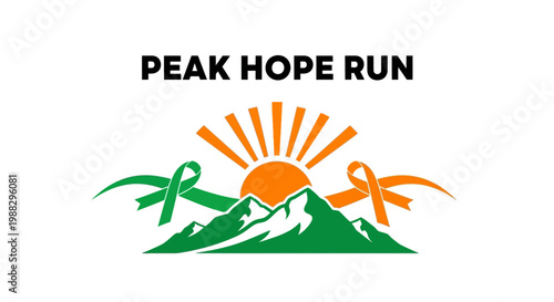 Peak Hope Run Logo Featuring Mountain Landscape, Ribbons, and Sunshine Imagery