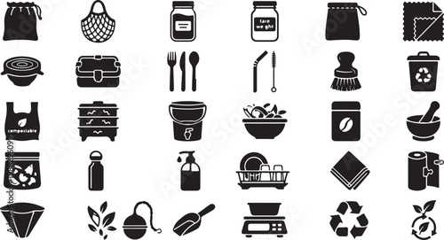 Black and white collection of household clothing accessories tools and symbols