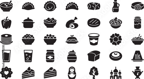 Black and white flat set of various kitchen utensils and cookware flat black and white