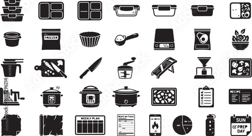 Black and white for meal planning kitchen appliances utensils and grocery shopping