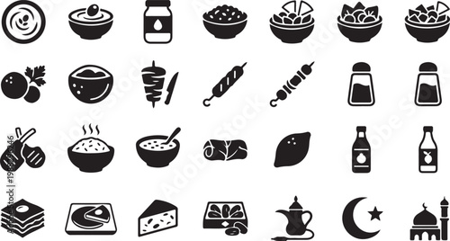 Black and white line collection of kitchenware utensils and food set line kitchenware flat minimalist