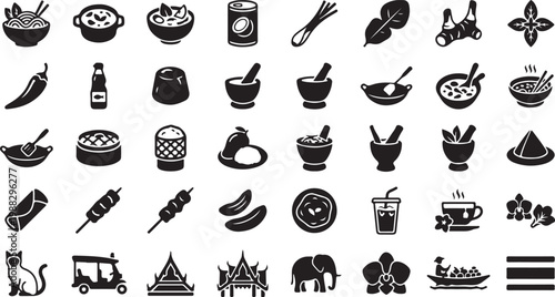 Black and white line collection of various and symbols including food animals tools and vehicles line symbols