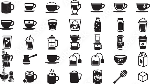 Black and white line collection of various bottles jars containers and kitchen