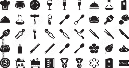 Black and white minimalist collection of household office supplies and symbols utensils