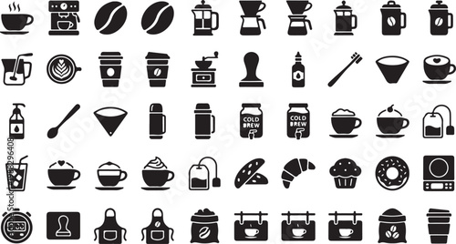 Black and white minimalist of coffee brewing methods and related espresso cappuccino latte