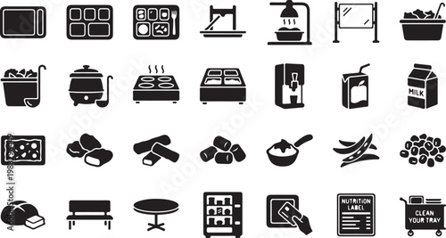 Black and white of household kitchen utensils electronics and food products