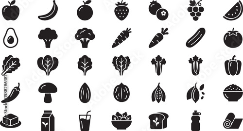 Black and white of various and symbols including animals plants food and tools birds insects