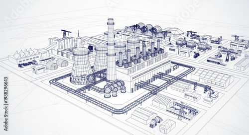 Industrial plant blueprint schematic drawing illustration.