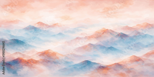 Abstract watercolor painting of a bright sunset sky featuring soft orange and red clouds over a serene blue nature landscape at dusk