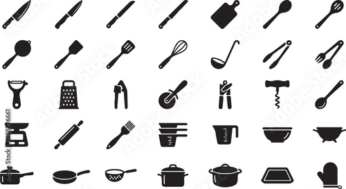 Black and white of various including tools stationery kitchenware and electronics black white background