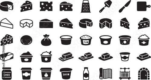 Black and white of various kitchen utensils and containers including pots pans spoons bowls jars and bottles