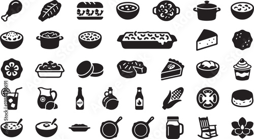 Black and white of various kitchen utensils and appliances cooking baking