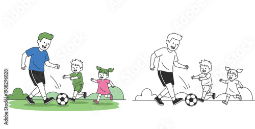 Happy Father and Children Playing Soccer Outdoors Illustration, Family Leisure Activity and Sports Vector, Coloring Book Page and Color Version for Kids Education and Fun