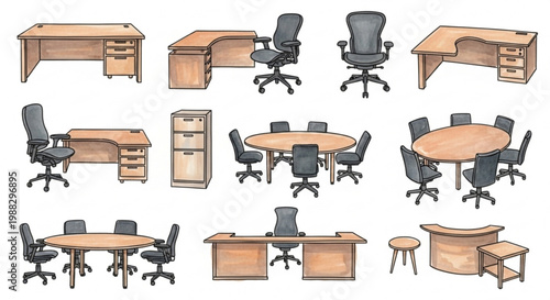 Office Planning Elements Top View Vector Collection with Desk Chair and Cubicle for Workspace Layout Design