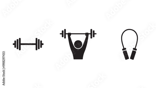Fitness Workout Icon Set with Barbell Push-Up and Jump Rope Vector Illustrations for Gym App Design