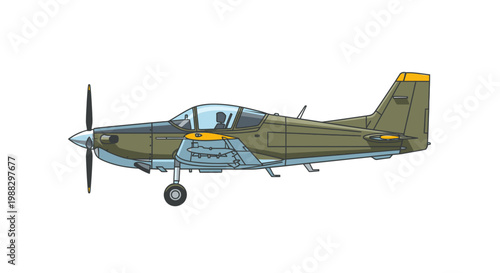 Military Turboprop Trainer Aircraft Vector Illustration, Side View of a Single Engine Tactical Plane Design for Aviation Projects and Aerospace Graphics