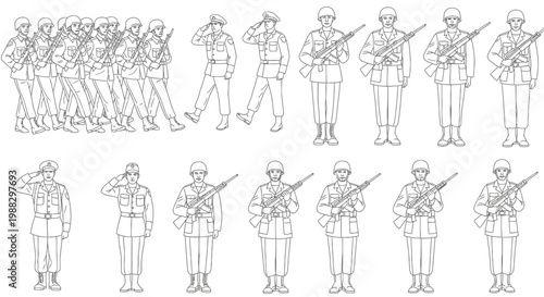 Military Soldiers Set Vector Illustration, Army Personnel in Uniform Standing and Marching Poses