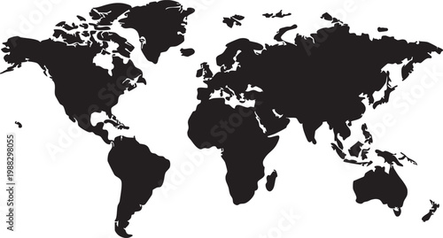 Black and white world map highlighting all land masses globally