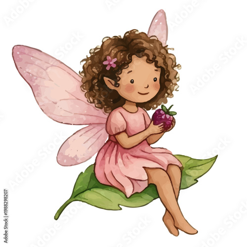 cute little fairy princess with pink wings holding a flower and flying in a magical fairytale world