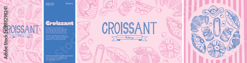 Bakery and pastry design pink set: seamless pattern, round composition and frames with hand-drawn croissants and eclairs